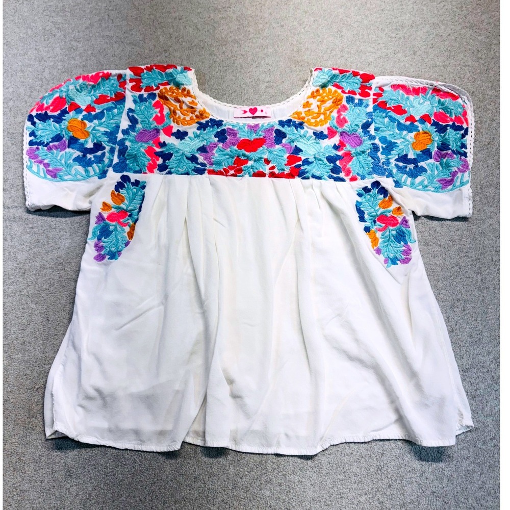 Buddy Love Embroidered Blouse Girls L White Floral Boho Peasant Top Summer Flowy